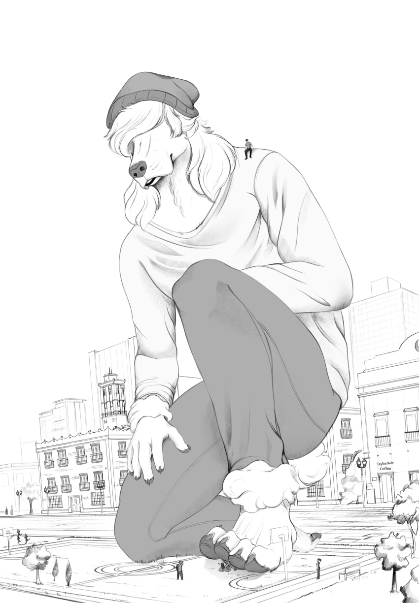 2022 4_toes 5_fingers absurd_res anthro artist_name basketball_court beanie black_nose bottomwear building canid canine canis city city_background cityscape claws clothed clothing detailed detailed_background digital_drawing_(artwork) digital_media_(artwork) domestic_dog english_text feet fingerpads fingers foot_fetish foot_play full-length_portrait fur gentle_giant hair hat headgear headwear hi_res human kneeling larger_anthro larger_male macro male mammal micro monochrome pants pawpads paws plant poodle poodle_(taylornoir) portrait shirt sitting_on_shoulders size_difference skyscraper smaller_human taylornoir text toe_claws toes topwear tree