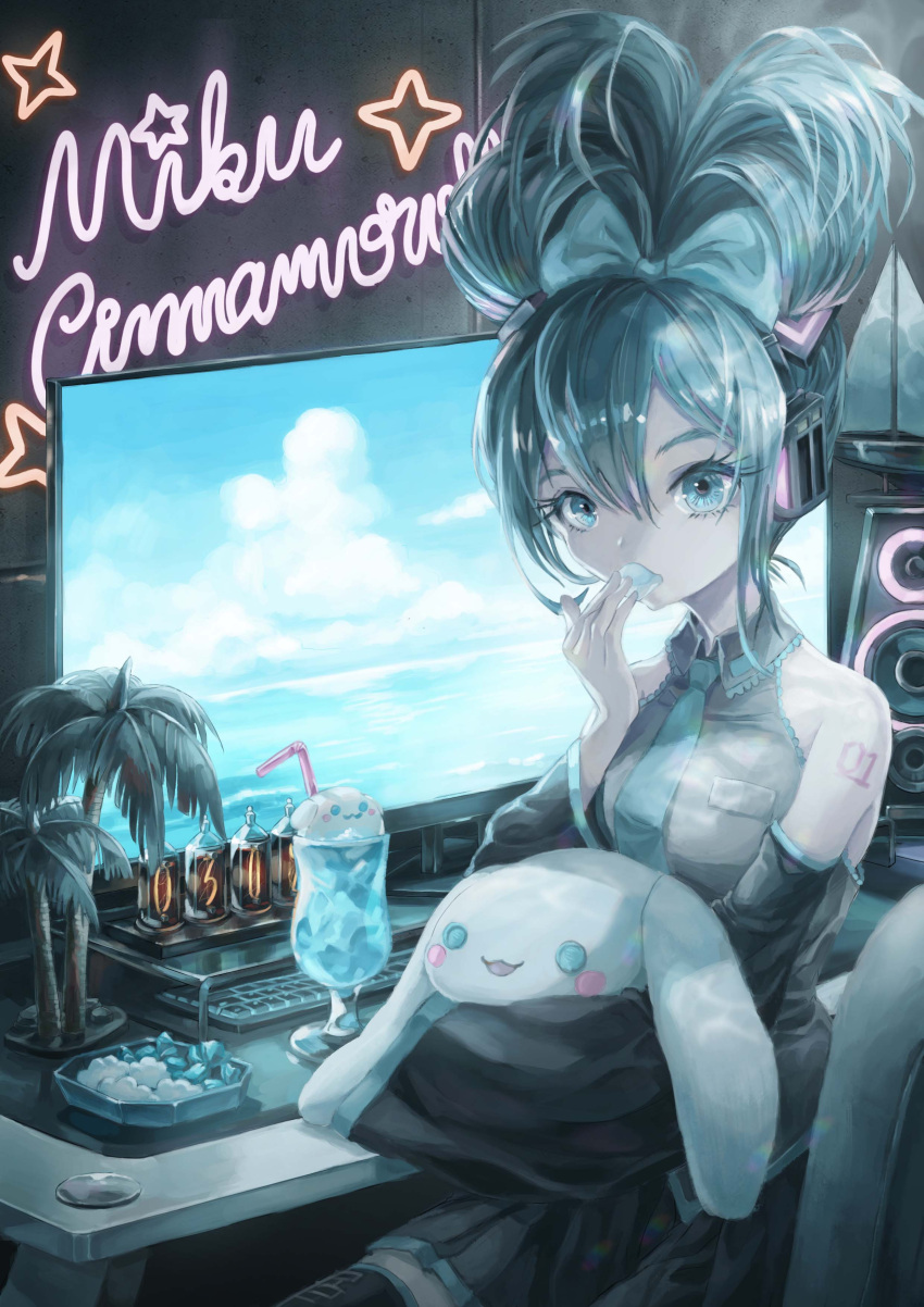 1girl absurdres aqua_necktie at_computer azumikano black_skirt breast_pocket candy character_name cinnamiku cinnamoroll collared_shirt drink drinking_straw eyelashes folded_twintails food food_in_mouth hair_between_eyes hatsune_miku highres keyboard_(computer) looking_at_viewer monitor necktie nixie_tube pocket sanrio self_borrowed_hairstyle shirt shoulder_tattoo sitting skirt solo speaker stuffed_animal stuffed_toy tattoo thighhighs vocaloid wrapped_candy