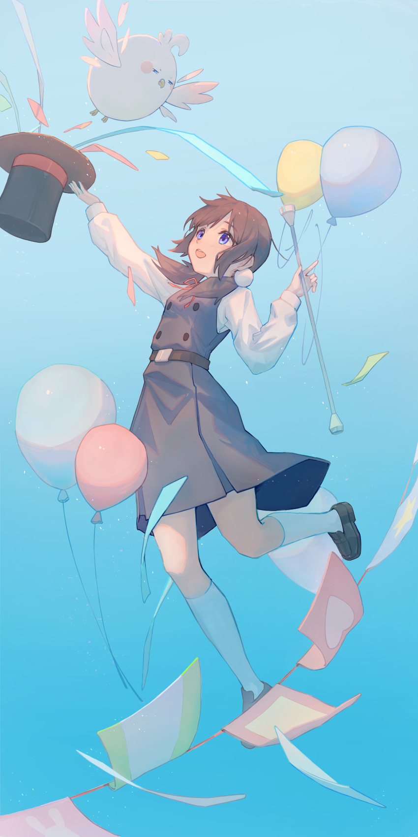 1girl :d absurdres balloon belt bird black_belt black_footwear black_hair black_headwear blue_background blue_dress blue_eyes confetti dera_mochimazzui dress full_body gradient_background hair_ornament hair_over_shoulder hat headwear_removed highres holding holding_clothes holding_hat holding_staff jumping kitashirakawa_tamako kneehighs leg_up loafers long_hair long_sleeves looking_up low_twintails medium_dress neck_ribbon pinafore_dress red_ribbon ribbon sanng school_uniform shirt shoes sleeveless sleeveless_dress smile socks solo staff string_of_flags tamako_market teeth top_hat twintails upper_teeth_only white_shirt white_socks