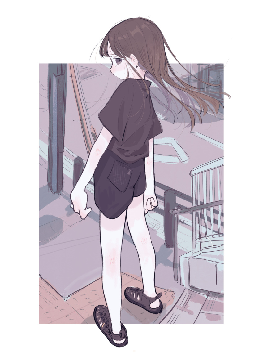 1girl absurdres black_eyes black_footwear black_shirt black_shorts brown_hair closed_mouth commentary_request from_side highres long_hair looking_at_viewer original outdoors railing sandals shirt shoes short_sleeves shorts sidewalk solo standing yunoki_itsugu