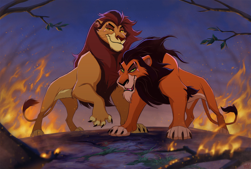 claws countershade_face countershade_fur countershade_torso countershading disney duo eye_scar facial_scar felid feral fire fur green_eyes lion male mammal mane pantherine paws quadruped reallynxgirl scar scar_(the_lion_king) smile tail tail_tuft the_lion_king tuft