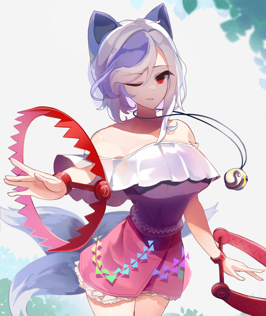 1girl animal_ears dog_ears dog_girl dog_tail extra_tails foothold_trap frilled_skirt frills grey_hair highres jewelry kaliningradg mitsugashira_enoko multicolored_hair multiple_tails off-shoulder_shirt off_shoulder open_mouth pink_skirt purple_hair purple_shirt rainbow_print red_eyes shirt short_hair simple_background skirt smile solo tail touhou two-tone_hair unfinished_dream_of_all_living_ghost white_hair