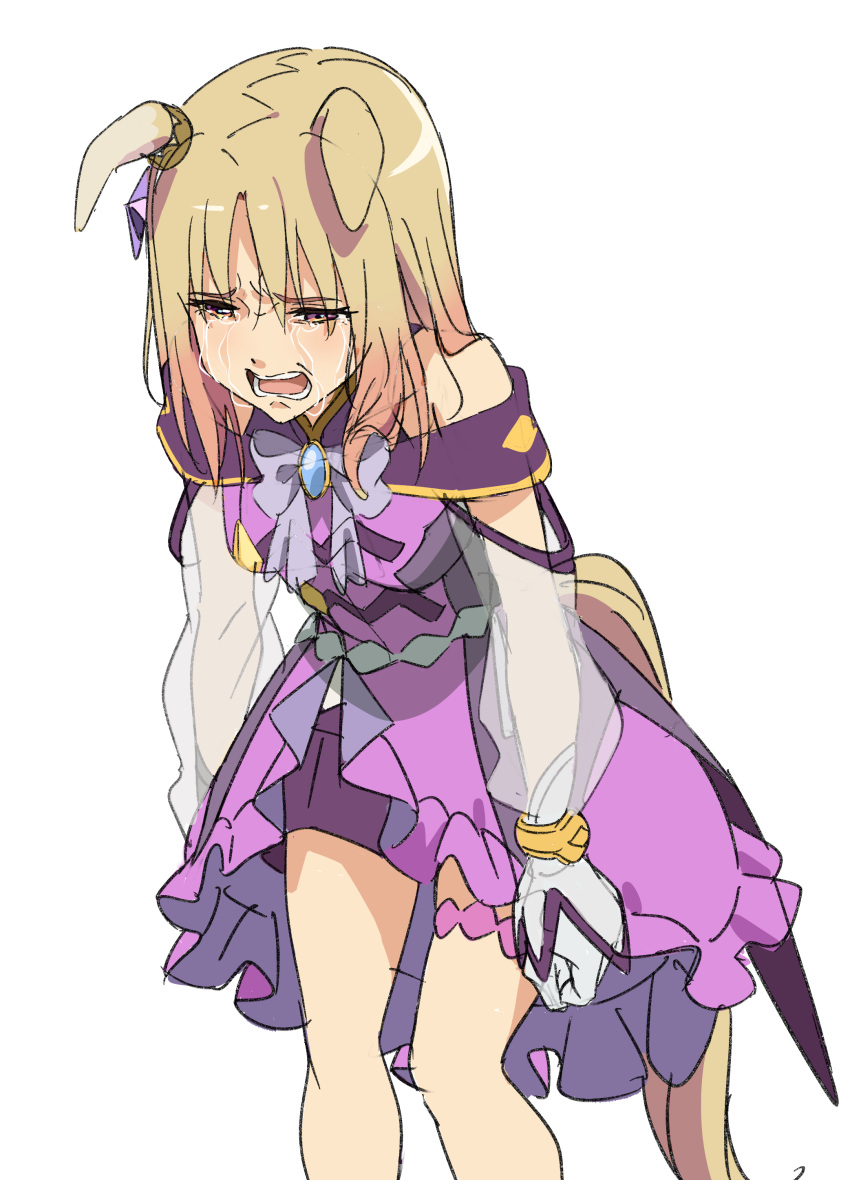 1girl absurdres animal_ears bare_shoulders blonde_hair bow clenched_hand crying crying_with_eyes_open dress ears_down gloves highres horse_ears horse_girl horse_tail long_hair long_sleeves looking_down narita_top_road_(umamusume) open_mouth purple_dress sad see-through see-through_sleeves simple_background solo standing streaming_tears tail tears umamusume umamusume:_road_to_the_top white_background white_bow white_gloves yamazaki_jun