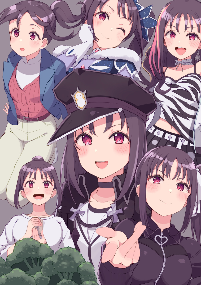 1girl absurdres awaken_the_power believe_again birthday blush breasts broccoli commentary cream_(nipakupa) dazzling_white_town grey_background hair_down hat highres kazuno_sarah long_hair looking_at_viewer love_live! love_live!_sunshine!! medium_breasts multiple_views one_eye_closed pink_eyes purple_hair side_ponytail sidelocks smile upper_body
