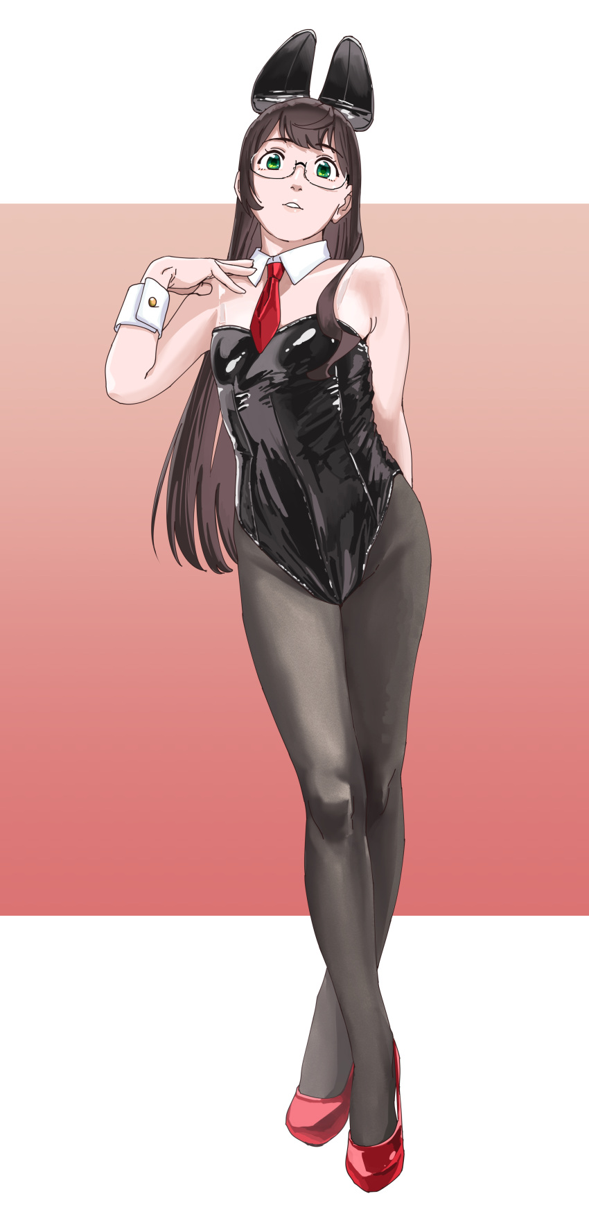 1girl absurdres alternate_costume animal_ears bare_shoulders black_hair black_leotard black_pantyhose commentary_request detached_collar fake_animal_ears full_body gradient_background green_eyes hand_on_own_shoulder high_heels highres kantai_collection leotard long_hair looking_at_viewer necktie ojipon ooyodo_(kancolle) pantyhose parted_lips playboy_bunny red_footwear red_necktie semi-rimless_eyewear solo two-tone_background very_long_hair wrist_cuffs