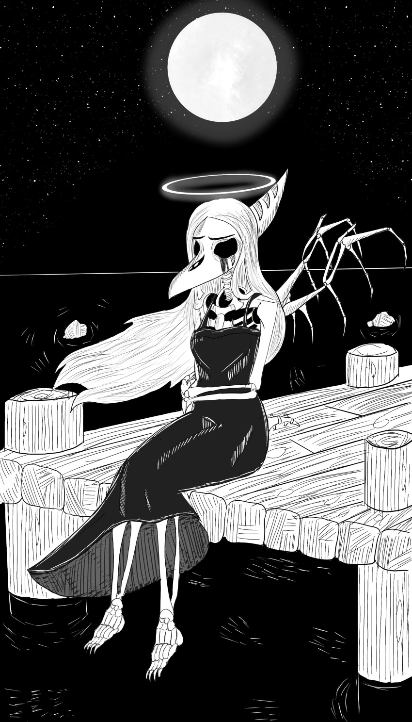 absurd_res afterlife alternate_form animated_skeleton anthro barefoot beak biped black_clothing black_dress blood blood_from_eye bodily_fluids bone bone_frill clothing digital_drawing_(artwork) digital_media_(artwork) dress eyeless fang_(gvh) feet female flowing_hair frill_(anatomy) goodbye_volcano_high gothgator0 hair halo hand_on_arm hi_res legs_over_edge light long_hair monochrome moon moonlight night pier pterodactylus pterosaur reptile rib_cage river_styx scalie short_tail sitting skeleton skull sky slim snoot_game snout solo star tail undead waiting water wings