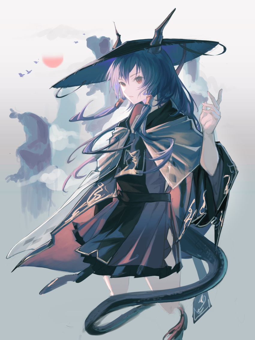 1girl arknights black_headwear blue_hair cape ch'en_(arknights) ch'en_the_holungday_(arknights) ch'en_the_holungday_(ten_thousand_mountains)_(arknights) chinese_commentary commentary_request cowboy_shot cropped_legs dragon_horns dragon_tail dress grey_cape hair_tubes hand_up hat highres horns horns_through_headwear long_hair looking_at_viewer official_alternate_costume parted_lips red_dress red_eyes sidelocks solo straw_hat tail yizhifeichaiqishi