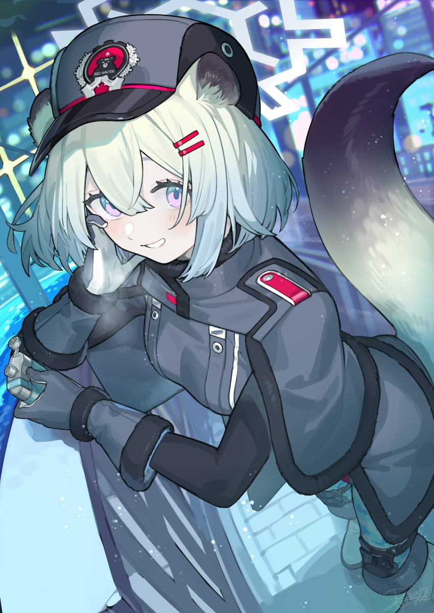 1girl animal_ears blue_archive blush bottle breasts capelet dated fur_hat gloves green_hair grey_capelet grey_gloves grey_headwear grey_jacket hair_between_eyes halo hat highres holding holding_bottle jacket long_sleeves looking_at_viewer medium_breasts medium_hair nao_(syn_eaa) night open_mouth outdoors purple_eyes shigure_(blue_archive) signature smile solo tail ushanka weasel_ears weasel_tail