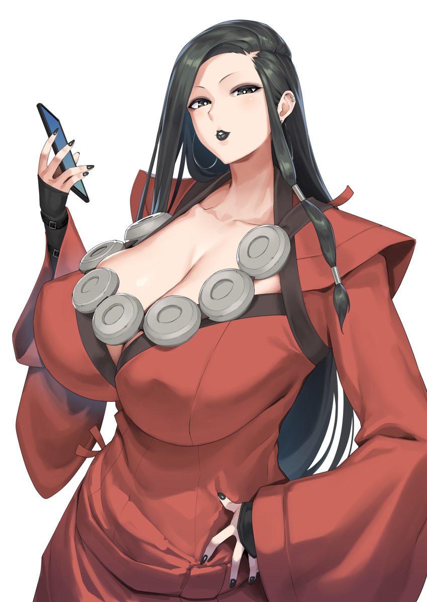 1girl absurdres black_eyes black_hair black_lips black_nails breasts cellphone cleavage collarbone ear_piercing earrings hakai_shin highres hoop_earrings huge_breasts jewelry kaga_(smt4) long_hair long_sleeves looking_at_viewer necklace parted_bangs phone piercing puckered_lips red_robe robe shin_megami_tensei shin_megami_tensei_iv solo white_background wide_sleeves