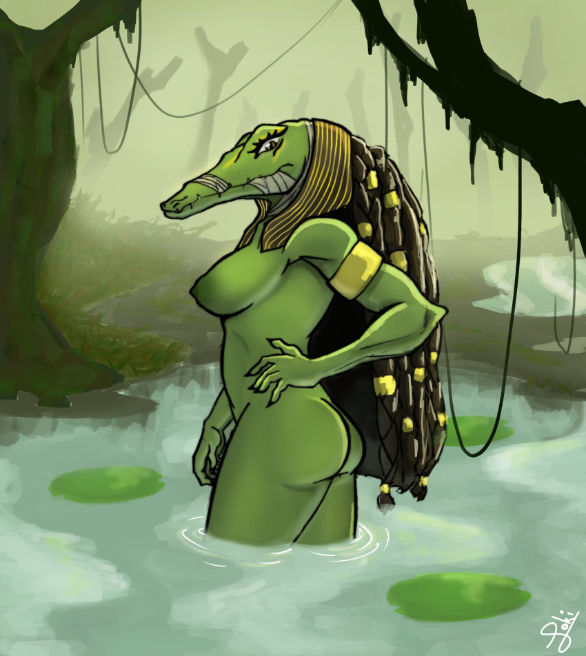 2023 5_fingers amber_eyes ammit anthro areola armlet bandage bent_arm biped black_claws black_eyelashes black_hair black_pupils braided_hair breasts butt claws crocodile crocodilian crocodylid deity detailed_background digital_drawing_(artwork) digital_media_(artwork) egyptian_headdress egyptian_mythology eyelashes facial_markings female finger_claws fingers glistening glistening_eyes grass green_areola green_body green_nipples green_scales hair hand_on_hip hand_on_own_hip head_markings hi_res humanoid_hands iris jewelry klaxo216 long_hair long_snout looking_at_viewer markings marvel marvel_cinematic_universe medium_breasts middle_eastern_mythology moon_knight_(series) mostly_nude mostly_nude_anthro mostly_nude_female mouth_closed mythology nemes_(clothing) nipples non-mammal_breasts non-mammal_nipples outside partially_submerged plant pose pupils reptile scales scalie side_view signature snout solo standing standing_in_water straight_legs teeth thick_thighs tree water water_ripple yellow_armlet yellow_jewelry yellow_markings