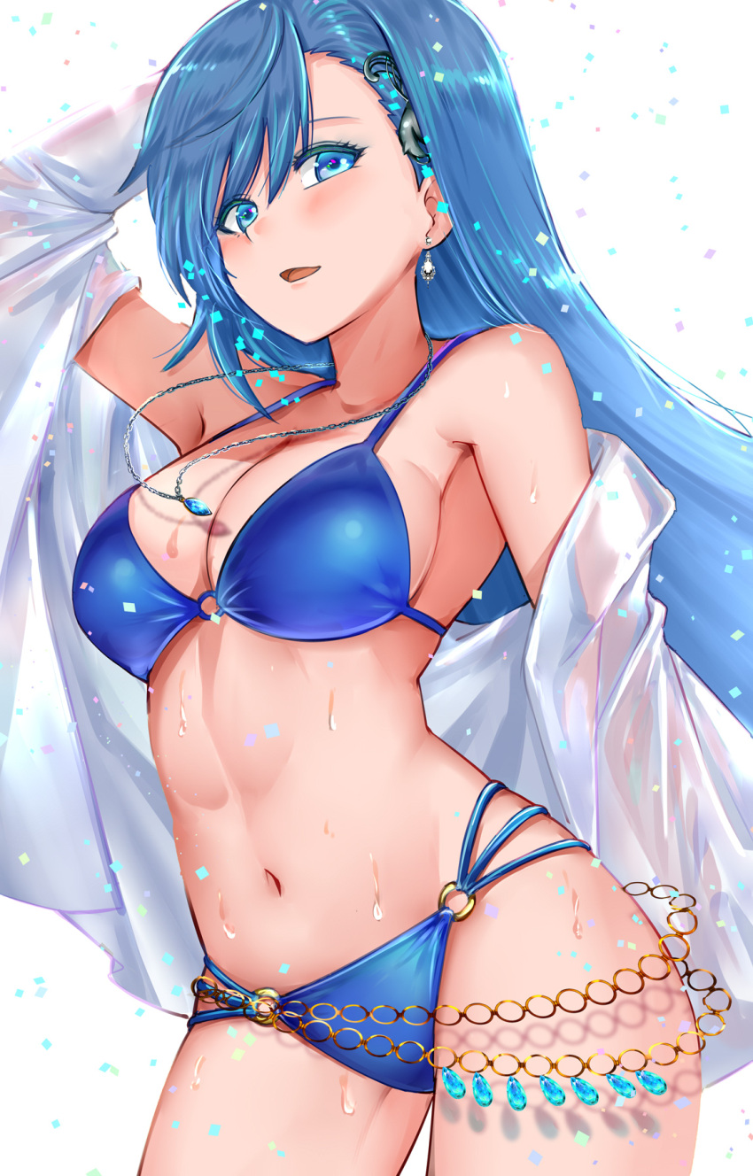 1girl ankomochi142 arm_up bikini blue_bikini blue_eyes blue_gemstone blue_hair breasts cleavage collarbone cowboy_shot earrings from_side gem hair_ornament hairclip highres jewelry long_hair looking_at_viewer maria_traydor multi-strapped_bikini navel necklace o-ring o-ring_bikini o-ring_bottom open_mouth smile solo standing star_ocean star_ocean_anamnesis star_ocean_till_the_end_of_time string_bikini swimsuit wet white_background
