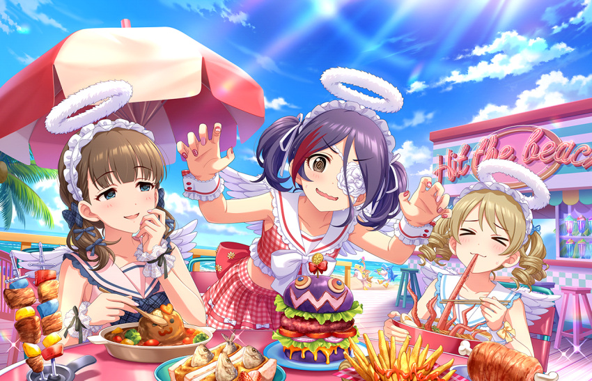&gt;_&lt; 3girls @_@ angel_wings blue_sky blush boned_meat burger chopsticks collar collarbone cropped_shirt eating fake_halo fake_wings fingernails flower_eyepatch food french_fries frilled_collar frilled_hairband frills fur_halo hairband halo hamburger_steak hayasaka_mirei holding holding_chopsticks holding_spoon idolmaster idolmaster_cinderella_girls idolmaster_cinderella_girls_starlight_stage light_rays looking_at_another looking_at_viewer meat morikubo_nono multiple_girls nail_polish octopus official_art outdoors parasol paw_pose people sailor_collar sakuma_mayu shirt skewer sky sleeveless sleeveless_shirt smile spoon sunlight sweatdrop twintails umbrella under_the_desk_(idolmaster) wavy_mouth white_wings wings wrist_cuffs