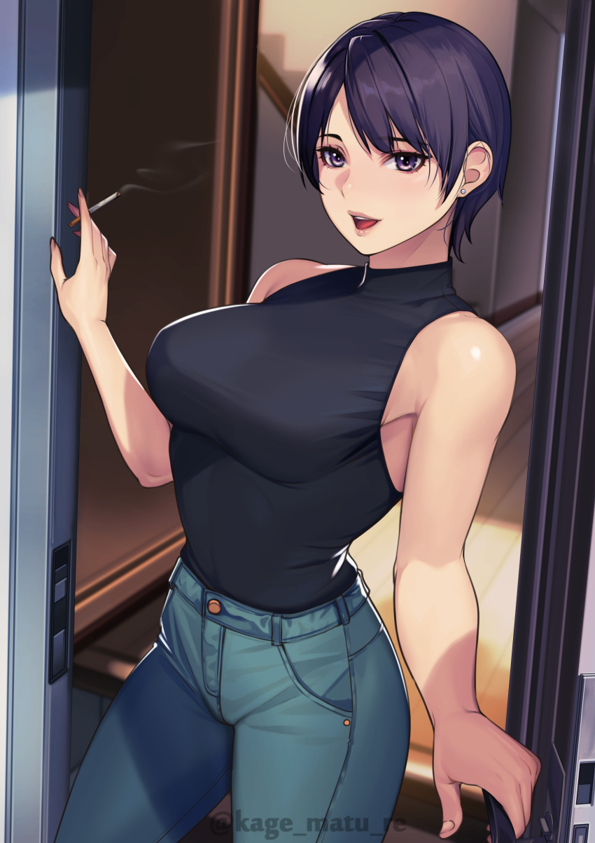 1girl absurdres artist_name black_hair black_shirt blue_pants breasts cigarette cowboy_shot denim duplicate earrings highres holding holding_cigarette jeans jewelry kagematsuri large_breasts looking_at_viewer mature_female open_mouth original pants pixel-perfect_duplicate purple_eyes shirt short_hair sleeveless sleeveless_shirt sleeveless_turtleneck solo turtleneck twitter_username upper_body