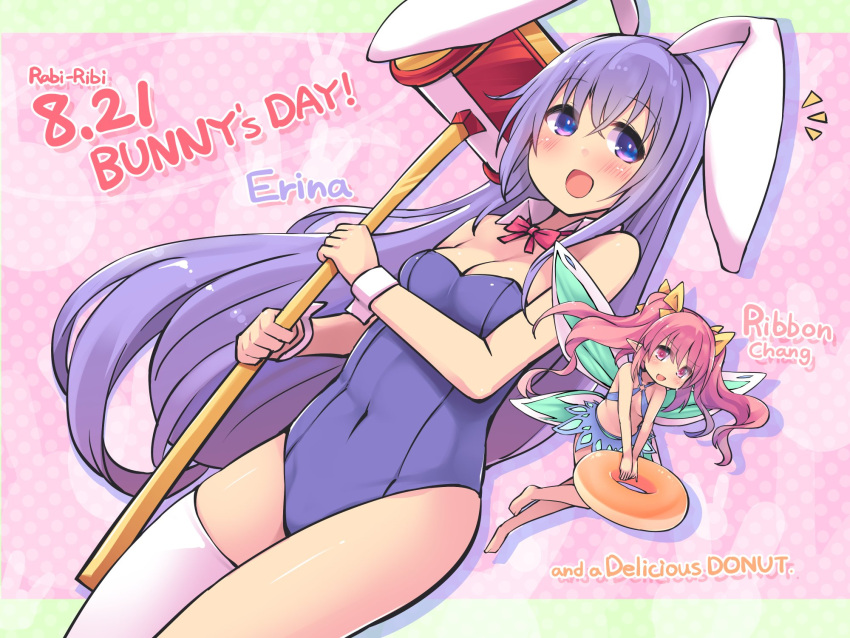 1girl 2girls animal_ears blush breasts bunny_day cleavage covered_navel detached_collar erina_(rabi-ribi) fairy fairy_wings hammer highres kkpnex leotard mini_person minigirl multiple_girls open_mouth piko_piko_hammer pink_hair playboy_bunny purple_eyes purple_hair purple_leotard rabbit_ears rabbit_girl rabi-ribi ribbon_(rabi-ribi) single_thighhigh thighhighs twintails wings wrist_cuffs