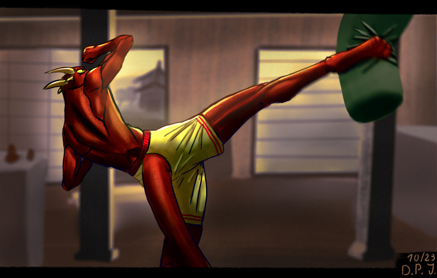 2023 absurd_res anthro back_muscles blurred_background cinematic digital_drawing_(artwork) digital_media_(artwork) digitigrade dirtypaperjoe dojo dragon hi_res horn kick kickboxing martial_arts motion_blur punching_bag red_body scalie shorts_only tail