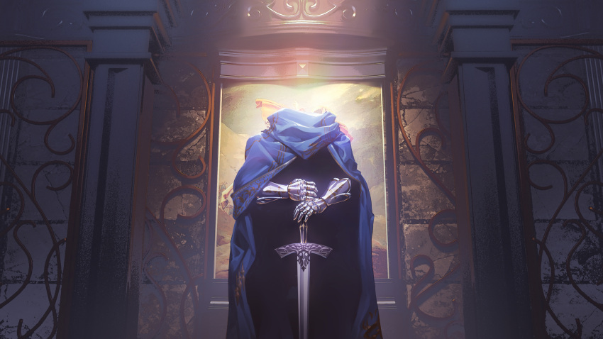 1other absurdres blue_cape cape gao_guangyue gauntlets headless highres holding holding_sword holding_weapon indoors painting_(object) reverse:1999 sword weapon