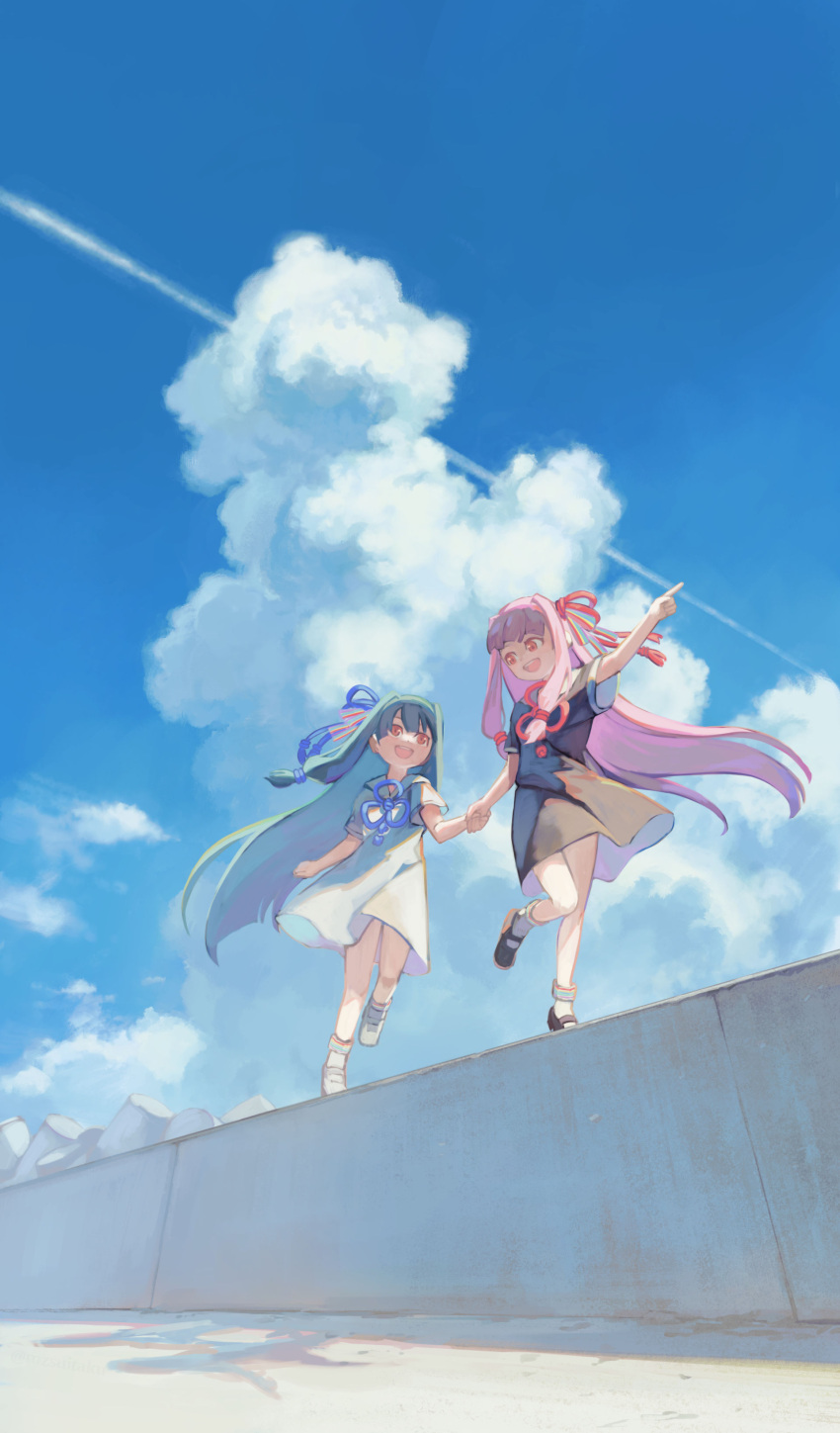 2girls absurdres black_dress blue_hair blue_ribbon blue_sky blunt_bangs cloud commentary_request contrail day dress english_commentary floating_hair flower_knot from_below hair_ribbon highres holding_hands kotonoha_akane kotonoha_aoi kyo_mizusawa looking_at_another looking_back mixed-language_commentary multiple_girls official_alternate_costume open_mouth outdoors pier pink_hair pointing rainbow_order red_eyes red_ribbon ribbon running shadow short_sleeves siblings sidelocks sisters sky smile tetrapod voiceroid white_dress wide_shot