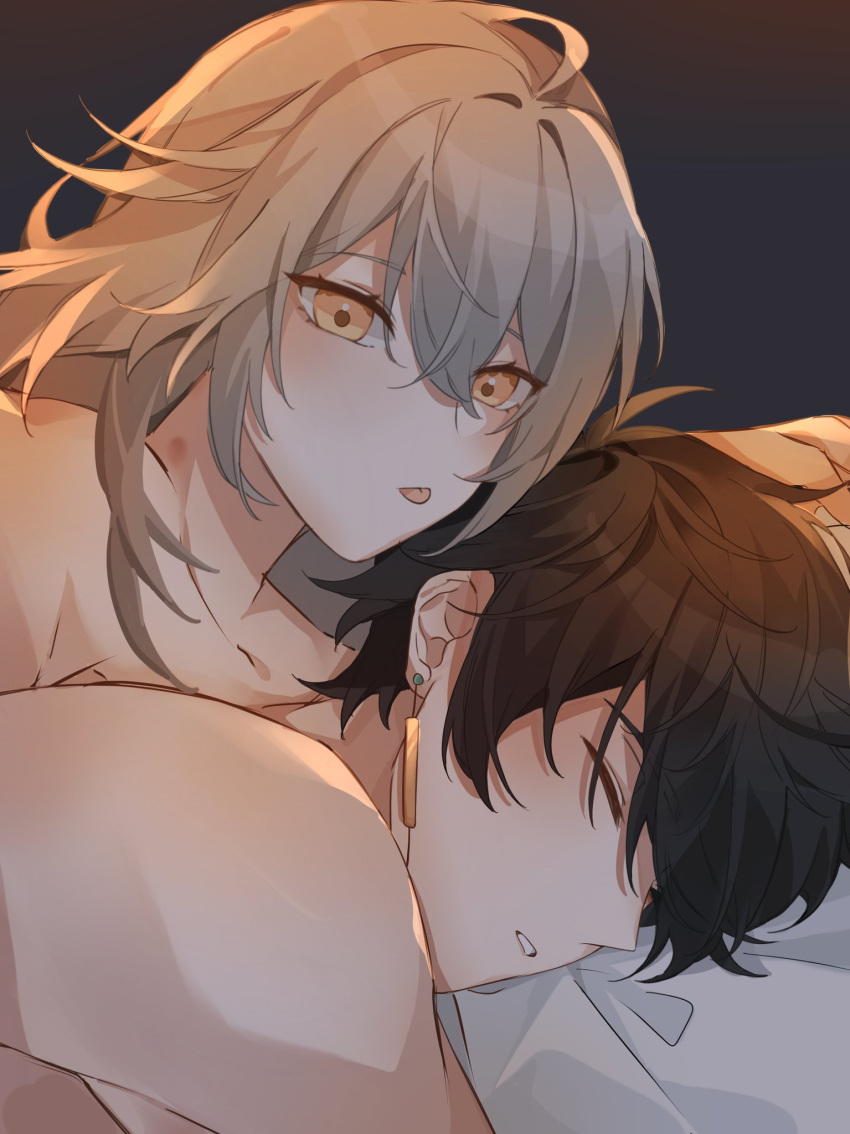 1boy 1girl after_sex black_hair closed_eyes couple dan_heng_(honkai:_star_rail) earrings hetero highres honkai:_star_rail honkai_(series) jewelry nude on_bed short_hair sleeping stelle_(honkai:_star_rail) tongue tongue_out trailblazer_(honkai:_star_rail) vinsallyana yellow_eyes