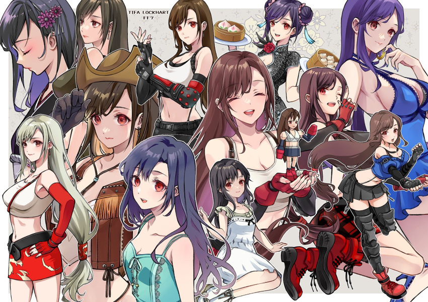 aged_down arm_guards black_hair brown_eyes brown_hair cowboy_hat crisis_core_final_fantasy_vii crop_top dissidia_012_final_fantasy dissidia_final_fantasy dissidia_final_fantasy_nt dress final_fantasy final_fantasy_vii final_fantasy_vii_advent_children final_fantasy_vii_ever_crisis final_fantasy_vii_remake grey_hair hat highres long_hair looking_at_viewer low-tied_long_hair low_poly multiple_persona official_alternate_color official_alternate_costume official_alternate_hair_color quichi_91 red_footwear suspenders thighhighs tifa_lockhart tifa_lockhart's_exotic_dress tifa_lockhart's_refined_dress tifa_lockhart's_sporty_dress vest