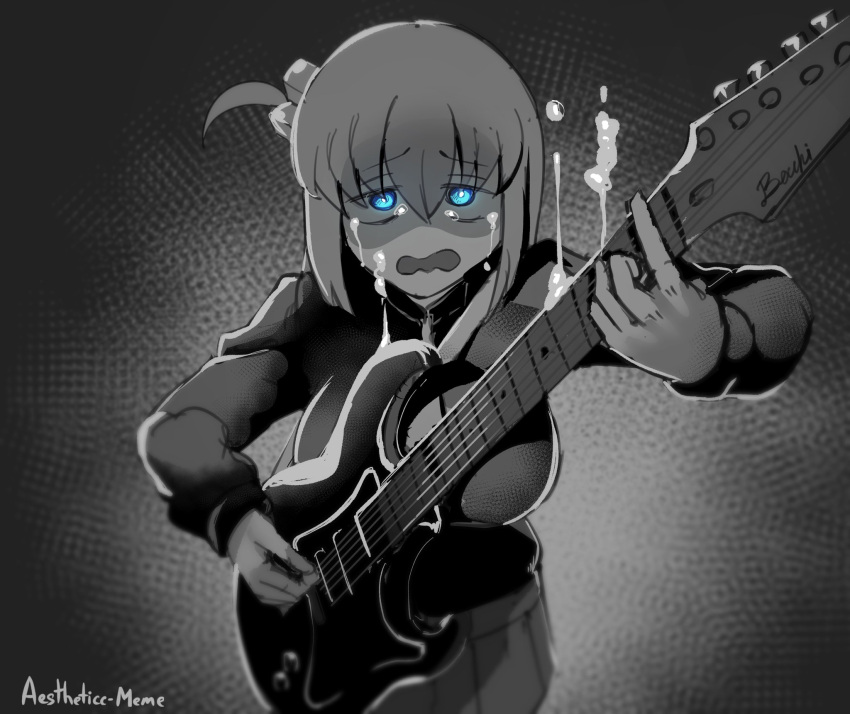 1girl aestheticc-meme artist_name blue_eyes blurry bocchi_the_rock! breasts crying depth_of_field electric_guitar gotoh_hitori guitar hair_between_eyes highres holding_guitar instrument kagurabachi large_breasts long_hair monochrome music one_side_up parody playing_instrument