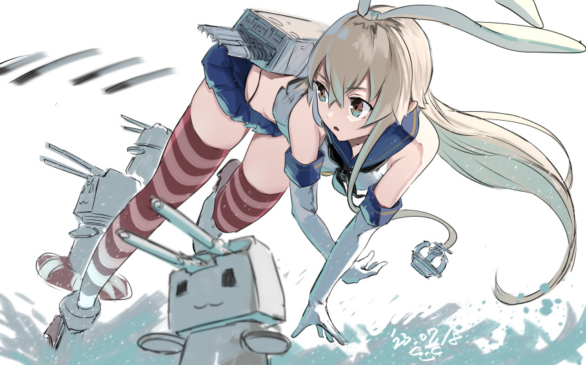 1girl anchor_hair_ornament black_hairband black_neckerchief black_panties blonde_hair blue_sailor_collar blue_skirt crop_top dress elbow_gloves gegeron gloves grey_eyes hair_ornament hairband highleg highleg_panties highres kantai_collection long_hair looking_to_the_side machinery microskirt miniskirt motion_blur neckerchief panties pleated_dress pleated_skirt rensouhou-chan sailor_collar shimakaze_(kancolle) simple_background skirt striped striped_thighhighs thighhighs torpedo torpedo_launcher underwear white_background white_gloves white_hairband