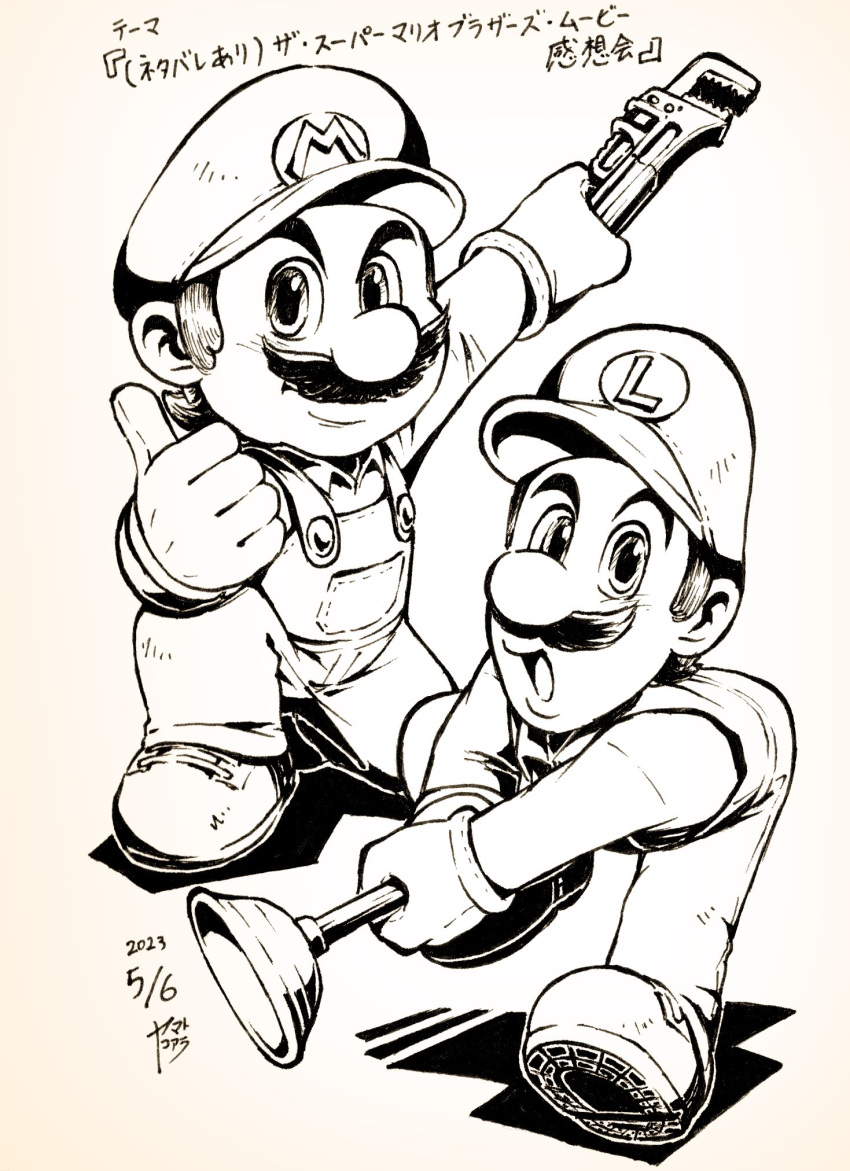 2boys arm_on_knee big_nose brothers cabbie_hat chin closed_mouth collared_shirt commentary_request dated facial_hair gloves greyscale hat highres holding holding_plunger holding_wrench ink_(medium) leaning_forward leg_up long_sleeves looking_at_viewer luigi male_focus mario mario_(series) monochrome multiple_boys mustache on_one_knee open_mouth outstretched_arm overalls pocket ribbon-trimmed_gloves ribbon_trim shadow shirt shoes short_hair siblings signature smile sneakers the_super_mario_bros._movie thick_eyebrows thumbs_up traditional_media translation_request wrench yamato_koara