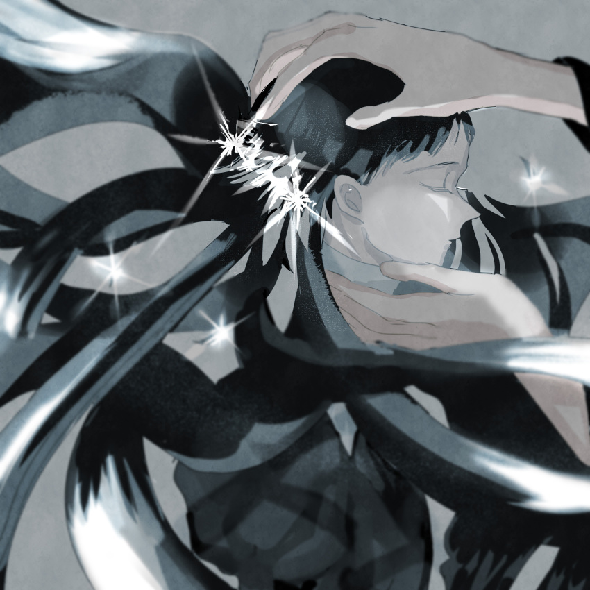 1other androgynous blue_hair blurry bort closed_eyes crystal_hair cutting_hair depth_of_field facing_another floating_hair gem_uniform_(houseki_no_kuni) grey_background hands_on_another's_head highres houseki_no_kuni keyahorse kongou_sensei long_hair out_of_frame profile solo_focus sparkle spoilers upper_body