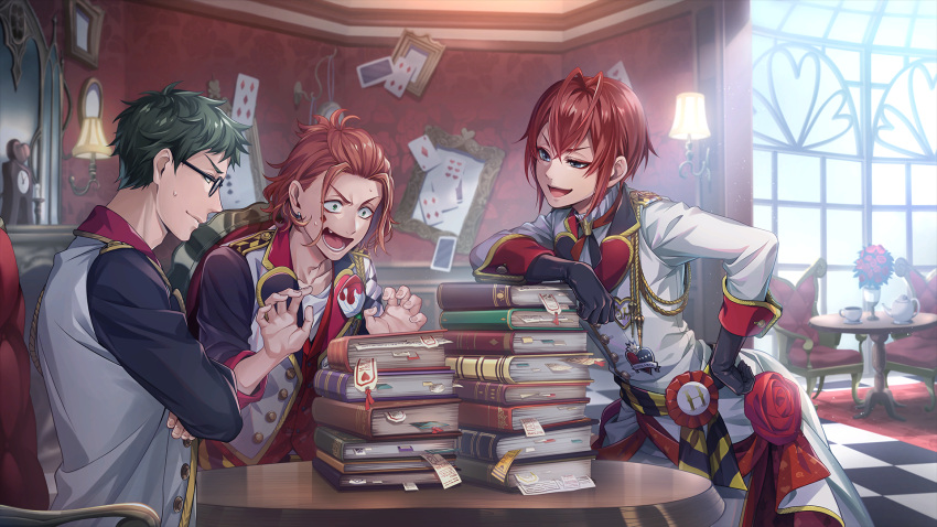 3boys aristocratic_clothes black_eyes black_gloves black_shirt book book_stack cater_diamond chair crossed_arms dark_green_hair earrings elbow_rest game_cg glasses gloves green_eyes hand_on_own_hip highres indoors jacket jewelry medium_hair multiple_boys official_art open_mouth red_hair riddle_rosehearts shirt short_hair sitting table trey_clover twisted_wonderland vest white_jacket white_vest