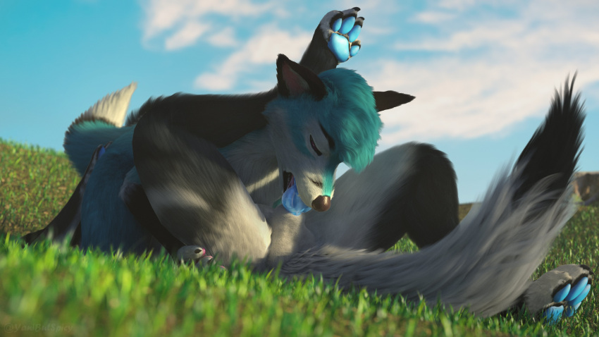 3d_(artwork) 69_position absurd_res anthro balls black_body black_fur blue_body blue_fur blue_penis canid canine canis digital_media_(artwork) duo eyes_closed feild fur genitals grey_body grey_fur hi_res knot male male/male mammal oral oral_penetration paws penetration penis sex tail white_body white_fur wolf yanibutspicy