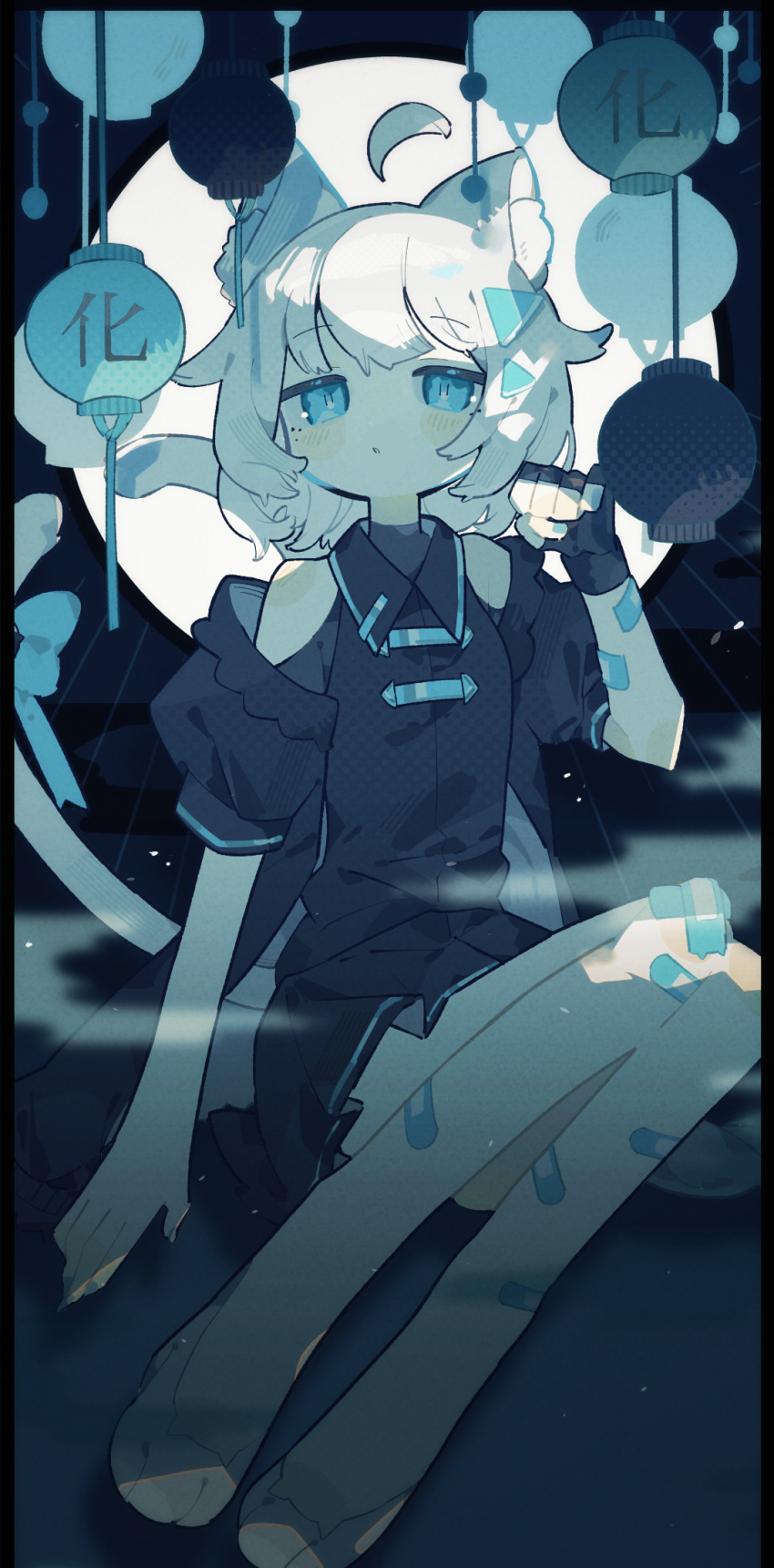 +_+ 1girl :c animal_ear_fluff animal_ears bandaid bandaid_on_leg black_border black_gloves black_shirt black_skirt blue_eyes blue_nails blue_theme blush_stickers border cat_ears cat_girl cat_tail cloud fingerless_gloves full_body full_moon gloves high_heels highres lantern legs_together long_bangs looking_at_viewer mamimu_(ko_cha_22) moon multiple_tails nail_polish original paper_lantern parted_lips pleated_skirt shirt skirt sleeveless sleeveless_shirt solo tail two_tails white_footwear white_hair