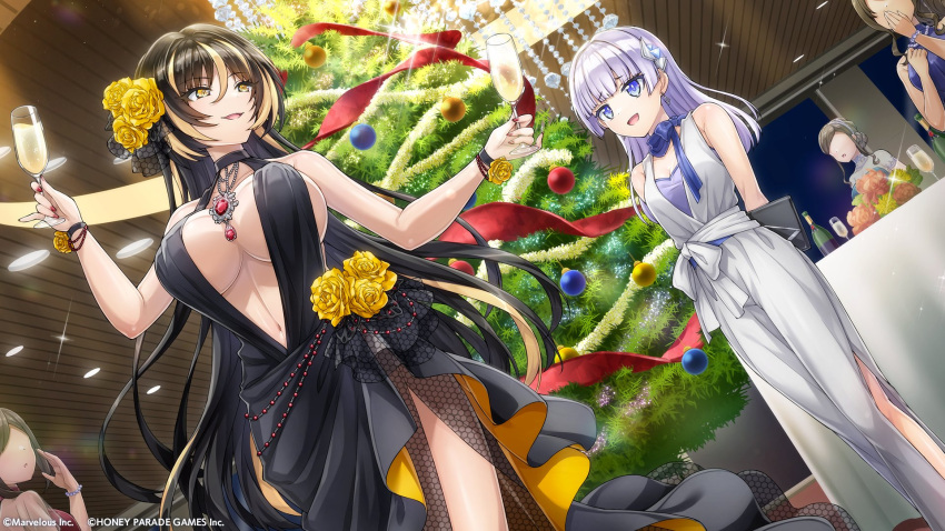 2girls alcohol bare_shoulders black_dress black_hair blonde_hair blue_eyes breasts champagne christmas_tree cup dolphin_wave dress drinking_glass earrings flower hair_flower hair_ornament highres holding holding_cup jewelry large_breasts long_hair looking_at_another medium_breasts multicolored_hair multiple_girls navel ootomo_takuji open_mouth pendant purple_hair red_nails sarah_anthony scarf schnee_weissberg smile striped_hair very_long_hair white_dress wine_glass wristband yellow_eyes