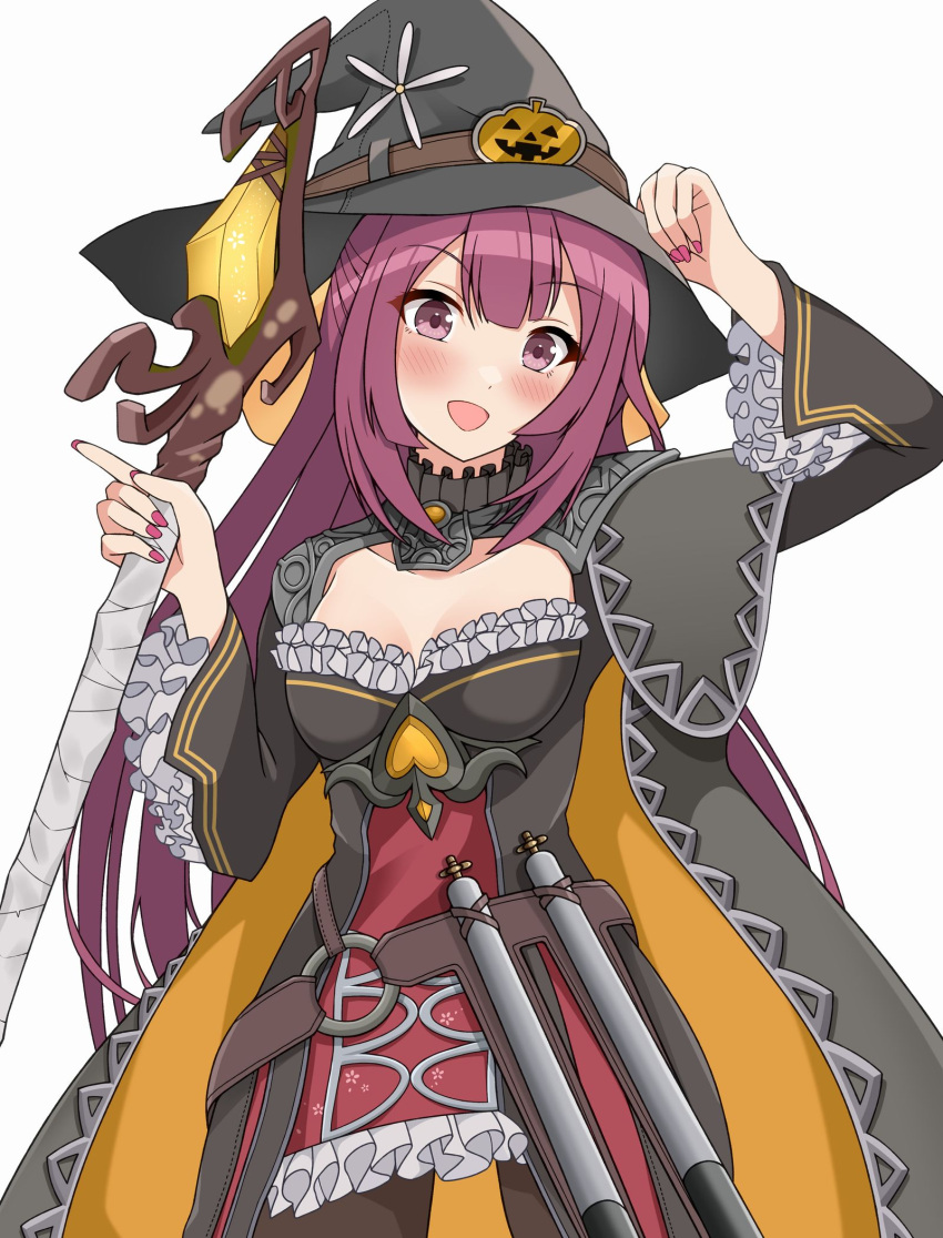 1girl black_dress black_headwear breasts cleavage_cutout clothing_cutout cosplay_request dress frilled_dress frills half_updo hat highres kamikaze_(kancolle) kantai_collection long_hair otobi purple_eyes simple_background small_breasts smile solo staff torpedo white_background wide_sleeves witch_hat