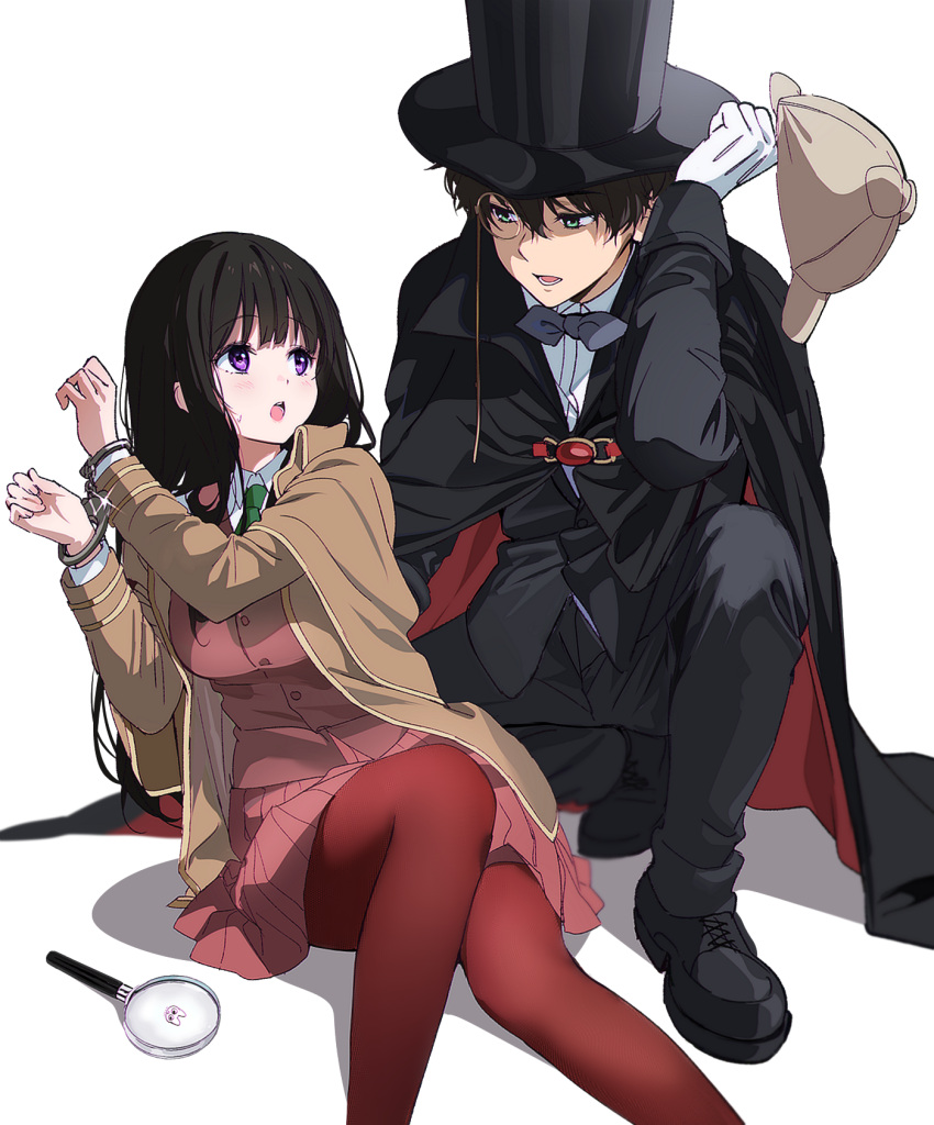 1boy 1girl :o alternate_costume artist_logo black_cape black_footwear black_hair black_headwear black_jacket black_pants blush bound bound_wrists bow bowtie breasts brown_hair cape chitanda_eru collared_shirt cuffs deerstalker detective gloves handcuffs hat highres hyouka jacket kimi_ni_matsuwaru_mystery large_breasts long_hair long_sleeves looking_at_another magnifying_glass mery_(yangmalgage) monocle open_mouth oreki_houtarou pants pantyhose pleated_skirt purple_eyes red_cape red_pantyhose restrained school_uniform shirt short_hair simple_background skirt smile teeth top_hat two-sided_cape two-sided_fabric upper_teeth_only white_background white_gloves white_shirt