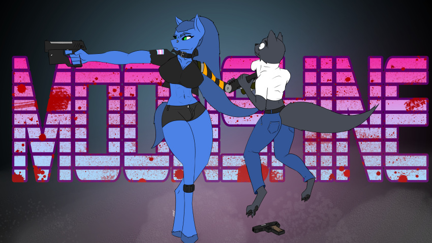 2023 4k absurd_res animal_humanoid anthro athletic athletic_anthro athletic_female big_breasts black_clothing blue_body blue_fur blue_hair bottomwear breasts bulge canid canine canis choker clothed clothing colored crop_top cropped_jacket cybernetic_arm cybernetic_limb denim denim_clothing digital_drawing_(artwork) digital_media_(artwork) domestic_dog duo english_text equid equid_humanoid equine equine_humanoid eyebrow_piercing facial_piercing female flat_colors fur green_eyes grey_body grey_fur gun gynomorph hair handgun hi_res hooves horse horse_humanoid hotpants humanoid imminent_death intersex jacket jeans jewelry lip_piercing long_hair luna_moonshine luna_moonshine(luna) male male/female mammal mammal_humanoid midriff muscular navel necklace nose_piercing nose_ring pants piercing pistol prosthetic prosthetic_arm prosthetic_limb ranged_weapon ring_piercing shirt shorts signature simple_background snakebite_piercing t-shirt text topwear trans_(lore) trans_woman_(lore) weapon weapon_arm