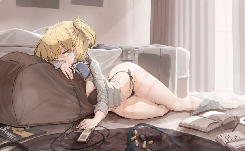 1girl barefoot bed black_bra black_panties blonde_hair book bra cartridge commentary_request commission covering_mouth digital_media_player genek girls'_frontline green_eyes headphones headphones_around_neck highres indoors looking_at_viewer lying magazine_(weapon) navel on_floor on_side open_book open_clothes open_shirt panties shirt short_hair side-tie_panties skeb_commission solo thighs twintails underwear welrod_mk2 welrod_mkii_(girls'_frontline) white_shirt