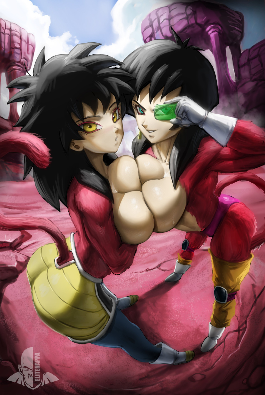 2girls absurdres aqua_eyes black_hair body_fur boots breast_press breasts dragon_ball dragon_ball_minus dragon_ball_z earrings elite_nappa gine gloves grin highres jewelry large_breasts looking_at_viewer monkey_tail multiple_girls outdoors parted_lips saiyan scouter seripa sky smile smirk super_saiyan super_saiyan_4 symmetrical_docking tail topless white_gloves yellow_eyes