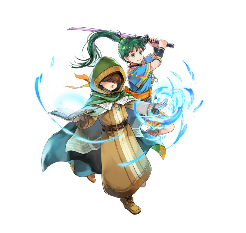 1boy 1girl aged_down book brown_footwear cloak fire fire_emblem fire_emblem:_the_blazing_blade fire_emblem_heroes glowing green_eyes green_hair green_hood holding holding_book holding_sword holding_weapon hood hooded_cloak jewelry long_hair lyn_(fire_emblem) mark_(fire_emblem:_the_blazing_blade) necklace no_eyes open_book pelvic_curtain ponytail swing sword weapon white_background