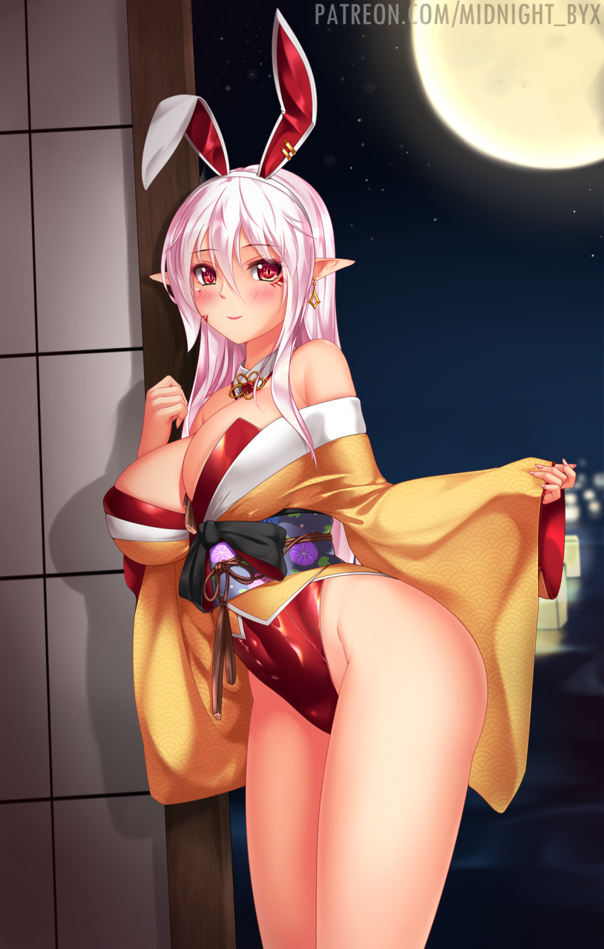 1girl animal_ears breasts covered_navel detached_collar drop_earrings earrings facial_mark fake_animal_ears feet_out_of_frame full_moon hair_ornament hairband highleg highleg_leotard highres japanese_clothes jewelry kimono large_breasts leotard leotard_under_clothes long_hair midnight_(banyex) mole mole_under_eye moon night night_sky obi off_shoulder original pink_hair playboy_bunny pointy_ears rabbit_ears red_eyes red_leotard sash shouji sky sliding_doors slit_pupils smile solo standing star_(sky) strapless strapless_leotard white_hairband wide_sleeves yellow_kimono