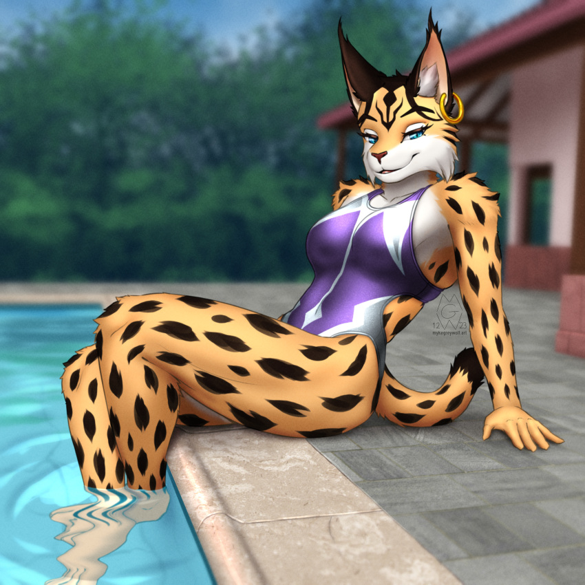 1:1 2023 5_fingers absurd_res anthro black_hair black_nose black_spots blue_eyes blurred_background breasts clothed clothing ear_piercing ear_ring feet_in_water felid feline female fingers fur hair hi_res hoop_ear_ring humanoid_hands inner_ear_fluff lynx mammal miyu_lynx multicolored_body multicolored_fur mykegreywolf nintendo one-piece_swimsuit partially_submerged piercing ring_piercing sitting smile solo spots spotted_body spotted_fur star_fox swimming_pool swimwear tail tuft two_tone_body two_tone_fur water white_body white_fur yellow_body yellow_fur