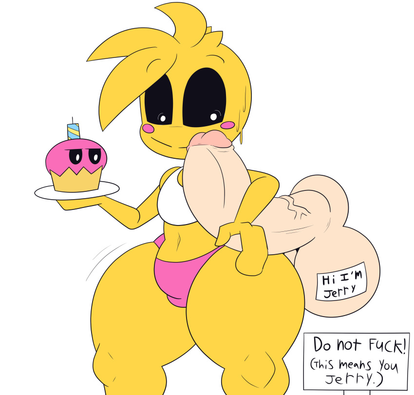 absurd_res animatronic anthro avian bib big_penis bird black_sclera bodily_fluids chicken clothing cupcake_(fnaf) disembodied_penis female five_nights_at_freddy's five_nights_at_freddy's_2 flat_chested galliform gallus_(genus) genitals head_feathers head_tuft hi_res huge_penis looking_at_genitalia looking_at_penis machine male mostly_nude navel panties penis phasianid pink_clothing pink_panties pink_underwear robot rosy_cheeks scottgames simple_background slightly_chubby smile solo sweat sweatdrop text thick_thighs toy_chica_(fnaf) tuft underwear white_background white_eyes wide_eyed wide_hips yellow_body yummercummer