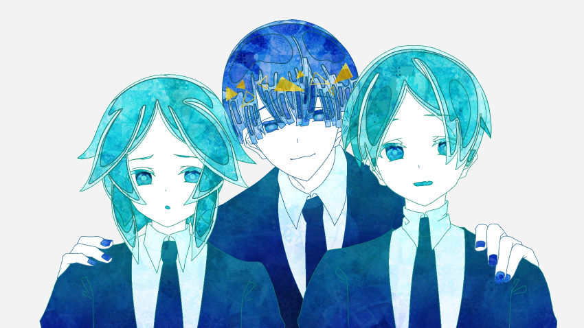 3others alternate_costume androgynous another's bad_source highres housekinokuni landofthelustrous looking_at_viewer multiple_others phosphophyllite shoulder