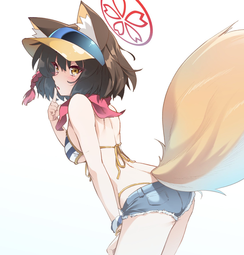 1girl animal_ears arched_back ass back bikini blue_archive breasts brown_hair denim denim_shorts fox_ears fox_tail halo highres izuna_(blue_archive) izuna_(swimsuit)_(blue_archive) matatabi_(2ccp) scrunchie short_hair shorts simple_background solo standing striped striped_bikini striped_scrunchie swimsuit tail underboob white_background yellow_eyes