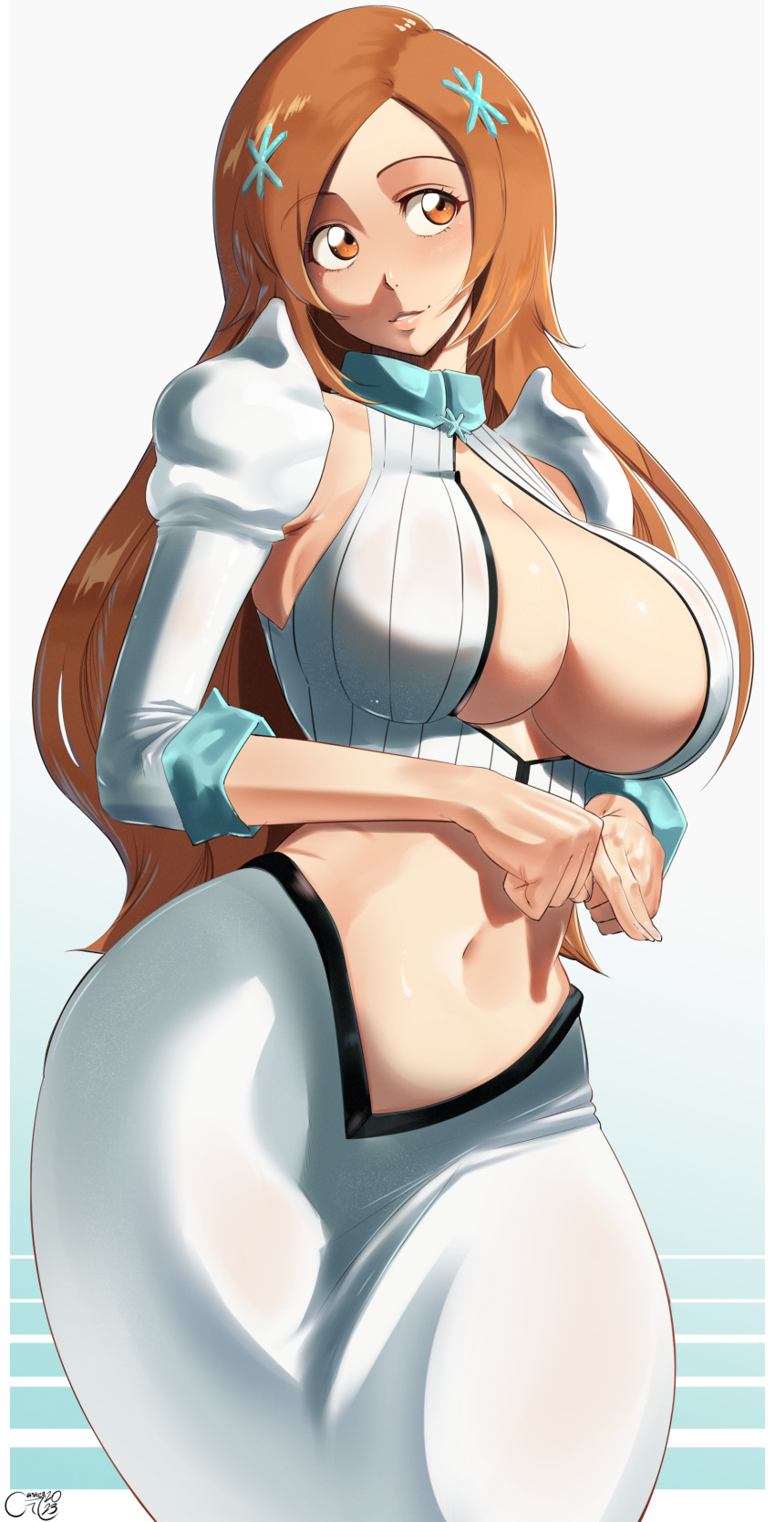 1girl absurdres bleach bleach:_the_thousand-year_blood_war blush breasts castell cleavage cleavage_cutout clothing_cutout crop_top curvy detached_sleeves hair_ornament hairpin highres inoue_orihime large_breasts lips long_hair long_skirt looking_to_the_side navel orange_eyes orange_hair parted_bangs shirt skirt smile solo stomach white_shirt white_skirt wide_hips