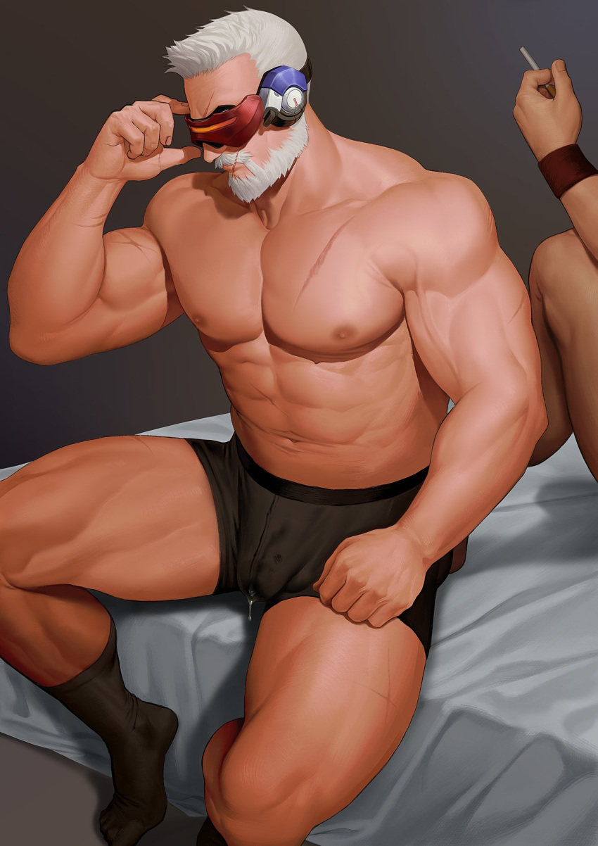 2boys abs bara beard bed black_male_underwear boxer_briefs cigarette facial_hair highres holding holding_cigarette large_pectorals male_focus male_underwear multiple_boys muscular muscular_male navel nipples on_bed overwatch overwatch_2 pectorals precum reaper_(overwatch) saolin_(wudangx) short_hair sitting socks soldier:_76_(overwatch) solo_focus thick_thighs thighs underwear white_hair yaoi