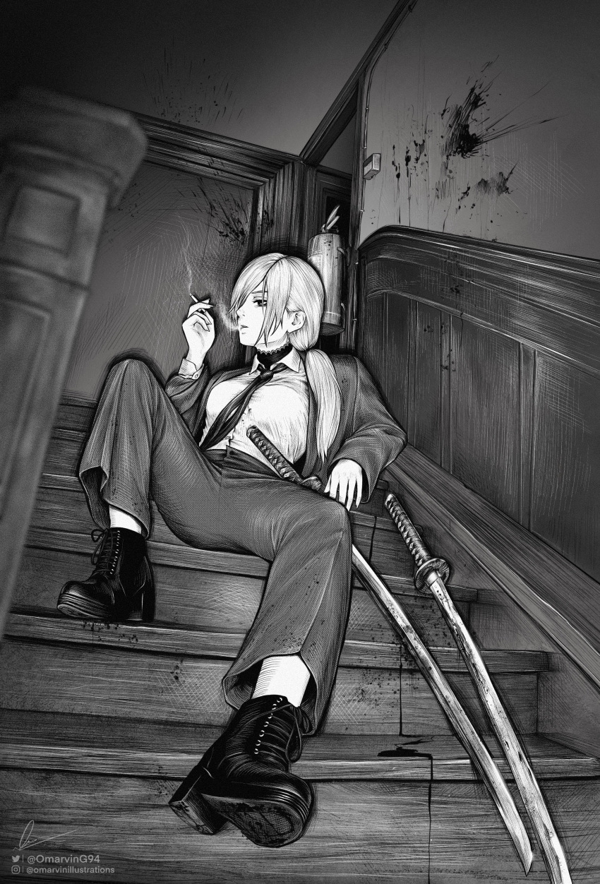 1girl absurdres black_necktie black_pants blood boots business_suit chainsaw_man cigarette collared_shirt dress_shirt greyscale high-waist_pants highres holding holding_cigarette marvin_(omarvin) monochrome necktie one_eye_covered pants ponytail quanxi_(chainsaw_man) shirt shirt_tucked_in sitting sitting_on_stairs smoking solo stairs suit sword weapon white_shirt