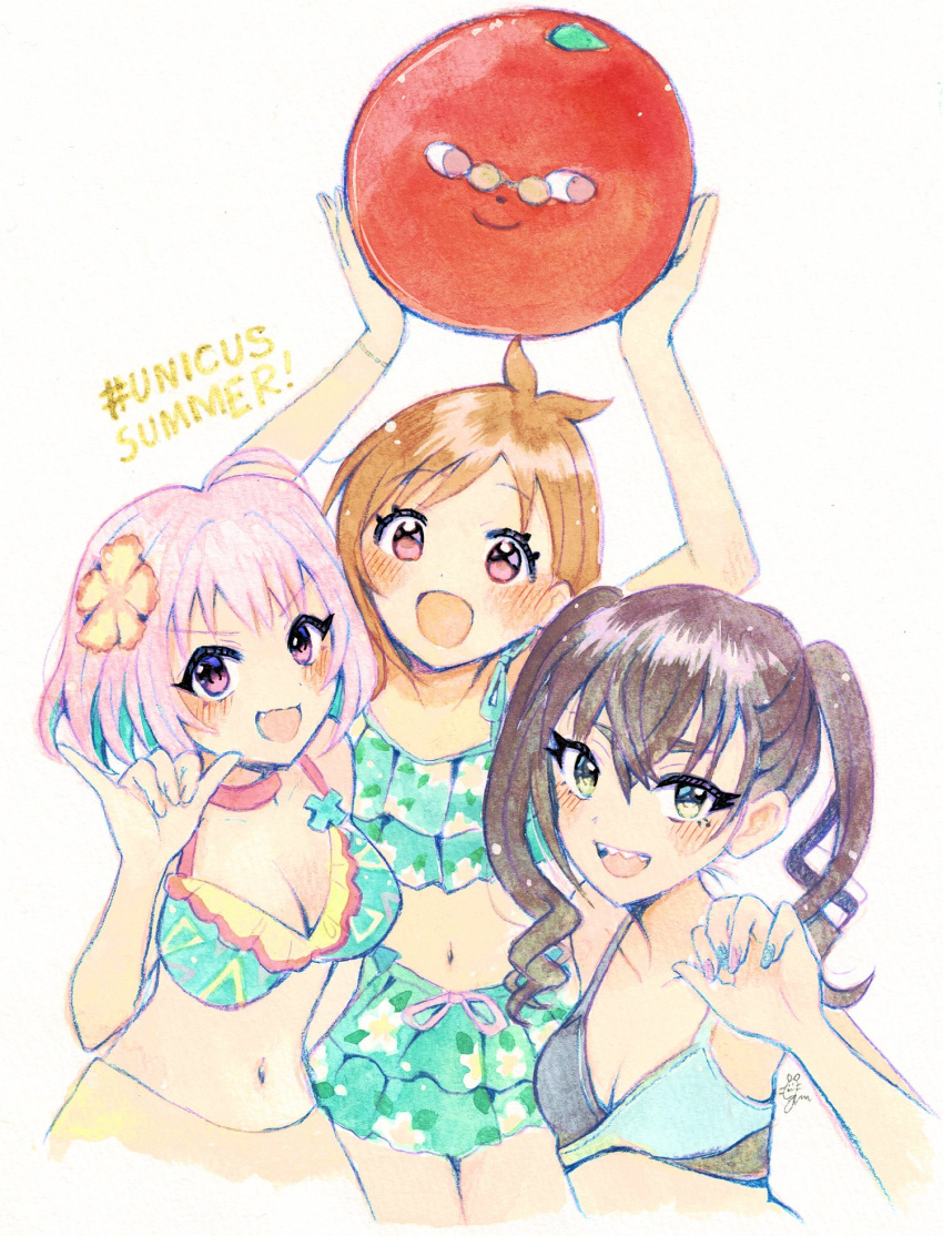 #unicus_(idolmaster) 3girls ahoge antenna_hair ball beachball blue_hair blush breasts brown_hair cleavage colored_inner_hair cropped_legs cropped_torso fang fingerless_gloves gloves gum_(vivid_garden) highres holding holding_ball holding_beachball idolmaster idolmaster_cinderella_girls large_breasts looking_at_viewer medium_breasts multicolored_hair multiple_girls nail_polish navel pink_hair sharp_teeth simple_background smile sunazuka_akira teeth tsujino_akari twintails two-tone_hair white_background yumemi_riamu