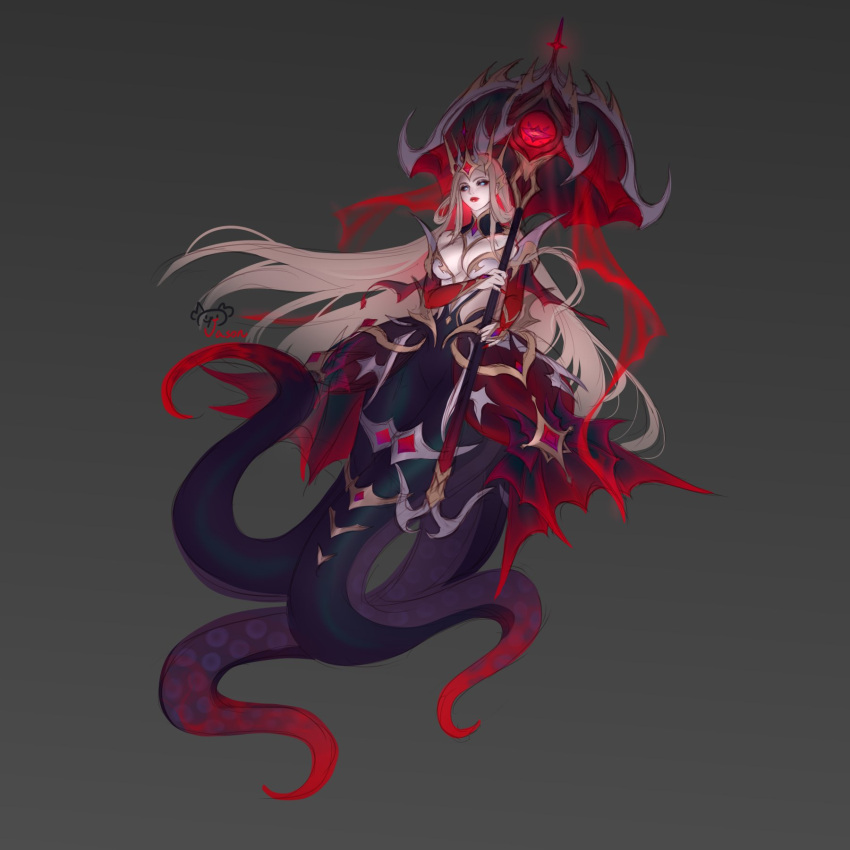 1girl artist_name bare_shoulders blonde_hair breasts cleavage coven_nami crown highres holding jason_xiaojie jewelry league_of_legends long_hair medium_breasts monster_girl nami_(league_of_legends) official_alternate_costume red_eyes scylla simple_background solo tentacles umbrella very_long_hair