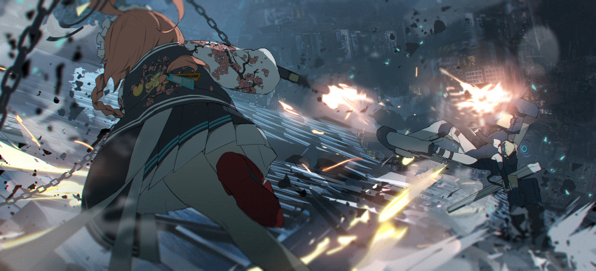 2girls ahoge blonde_hair blue_archive breasts building chain duel elbow_gloves fighting firing gloves gun halo highres holding interface_headset jacket leotard maid_headdress mecha_musume multiple_girls neru_(blue_archive) night orange_hair outdoors ph. small_breasts smoke sukajan toki_(blue_archive) weapon