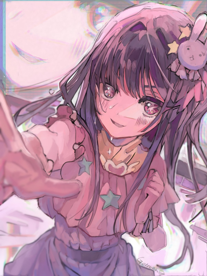 1girl anaglyph artist_name blurry blush brooch commentary_request depth_of_field dress frilled_dress frilled_gloves frills gloves gottsuan hair_ornament heart_brooch highres hoshino_ai_(oshi_no_ko) idol idol_clothes jewelry long_hair one_side_up oshi_no_ko parted_lips pink_dress pink_gloves purple_eyes purple_hair rabbit_hair_ornament sidelocks solo star-shaped_pupils star_(symbol) star_hair_ornament sweat swept_bangs symbol-shaped_pupils turtleneck_dress zoom_layer