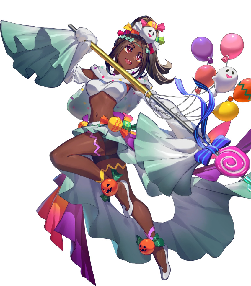 1girl alternate_costume balloon black_shorts breasts brown_hair candy_hair_ornament circlet dark-skinned_female dark_skin fire_emblem fire_emblem_engage fire_emblem_heroes food-themed_hair_ornament full_body ghost_hair_ornament gradient_clothes hair_ornament highres holding holding_weapon jack-o'-lantern leg_up long_hair long_sleeves medium_breasts midriff navel non-web_source official_alternate_costume official_art okada_manabi open_mouth parted_bangs polearm ponytail pumpkin red_eyes ribbon shiny_skin shoes shorts skirt sleeves_past_wrists smile solo spear star-shaped_pupils star_(symbol) stomach symbol-shaped_pupils teeth timerra_(fire_emblem) transparent_background upper_teeth_only weapon wide_sleeves
